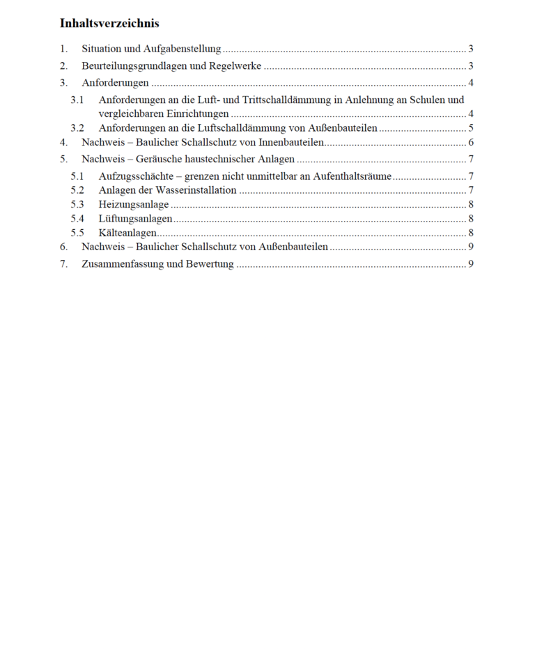 Inhaltsverzeichnis eines Schallschutzberichts